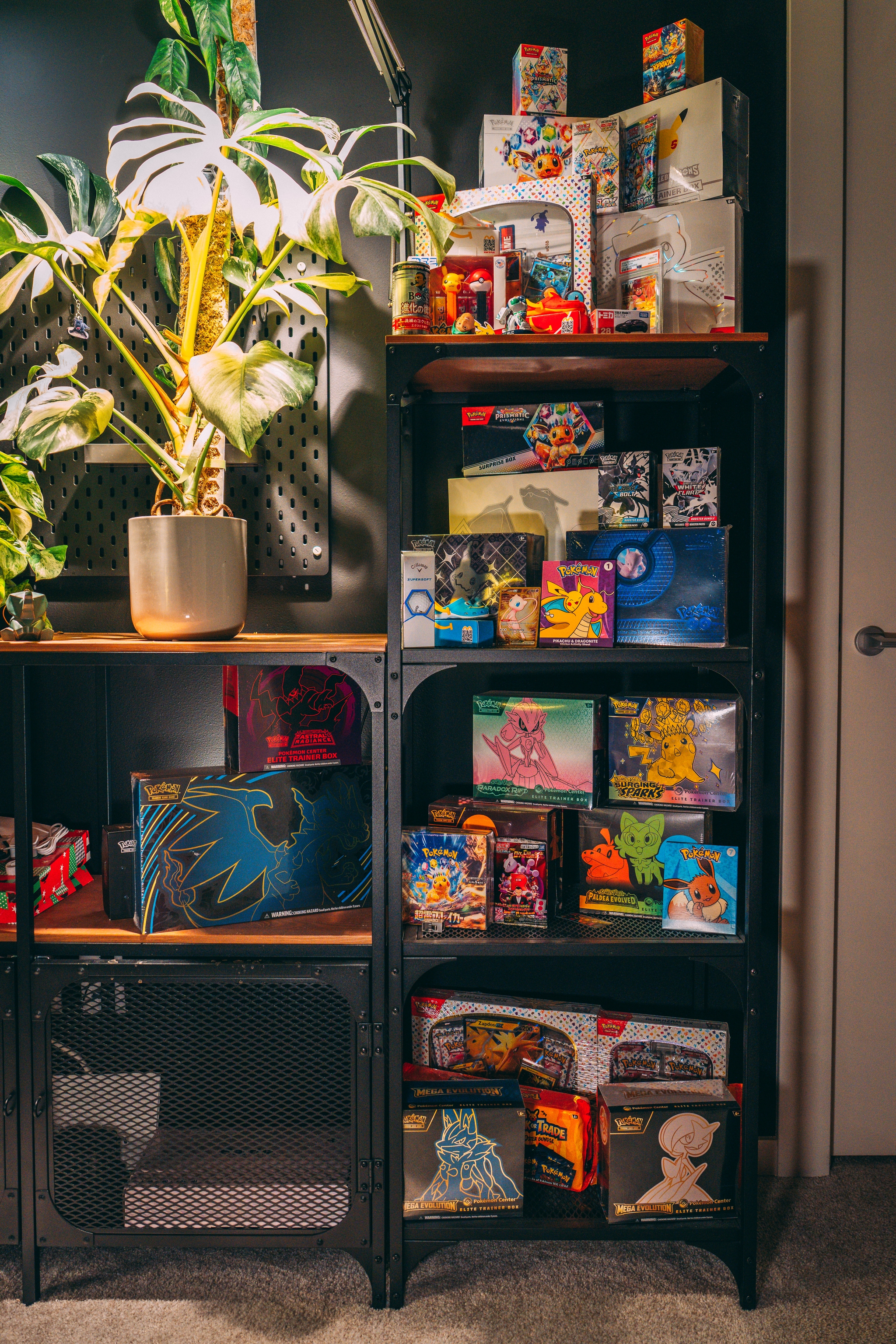 A shelf displaying nostalgic gaming collectibles with a potted plant on top