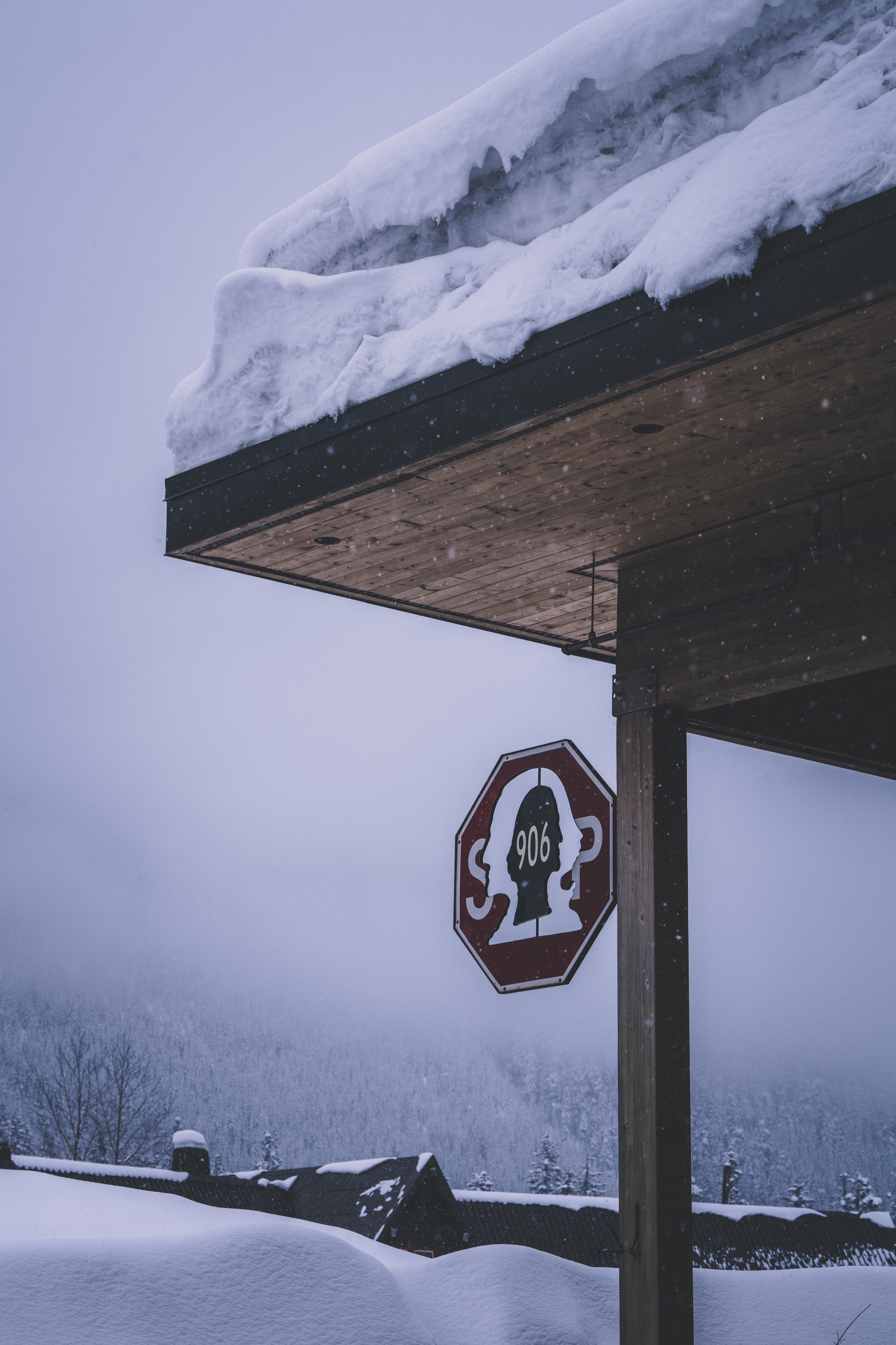 A snow-covered roof with a stop sign featuring a tree and the number 406, set against a foggy, mountainous background