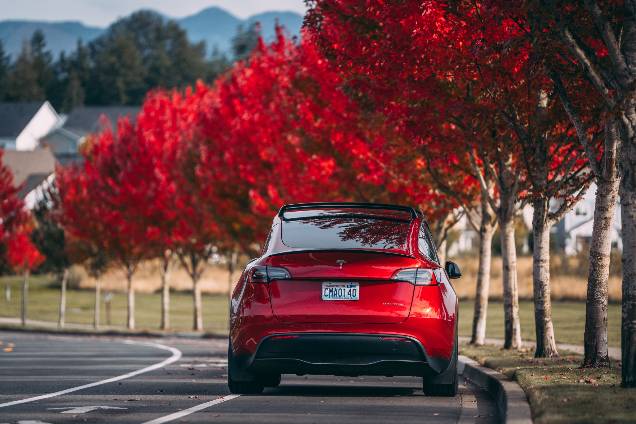 Red car parked along tree-lined road with vibrant red foliage and distant mountains