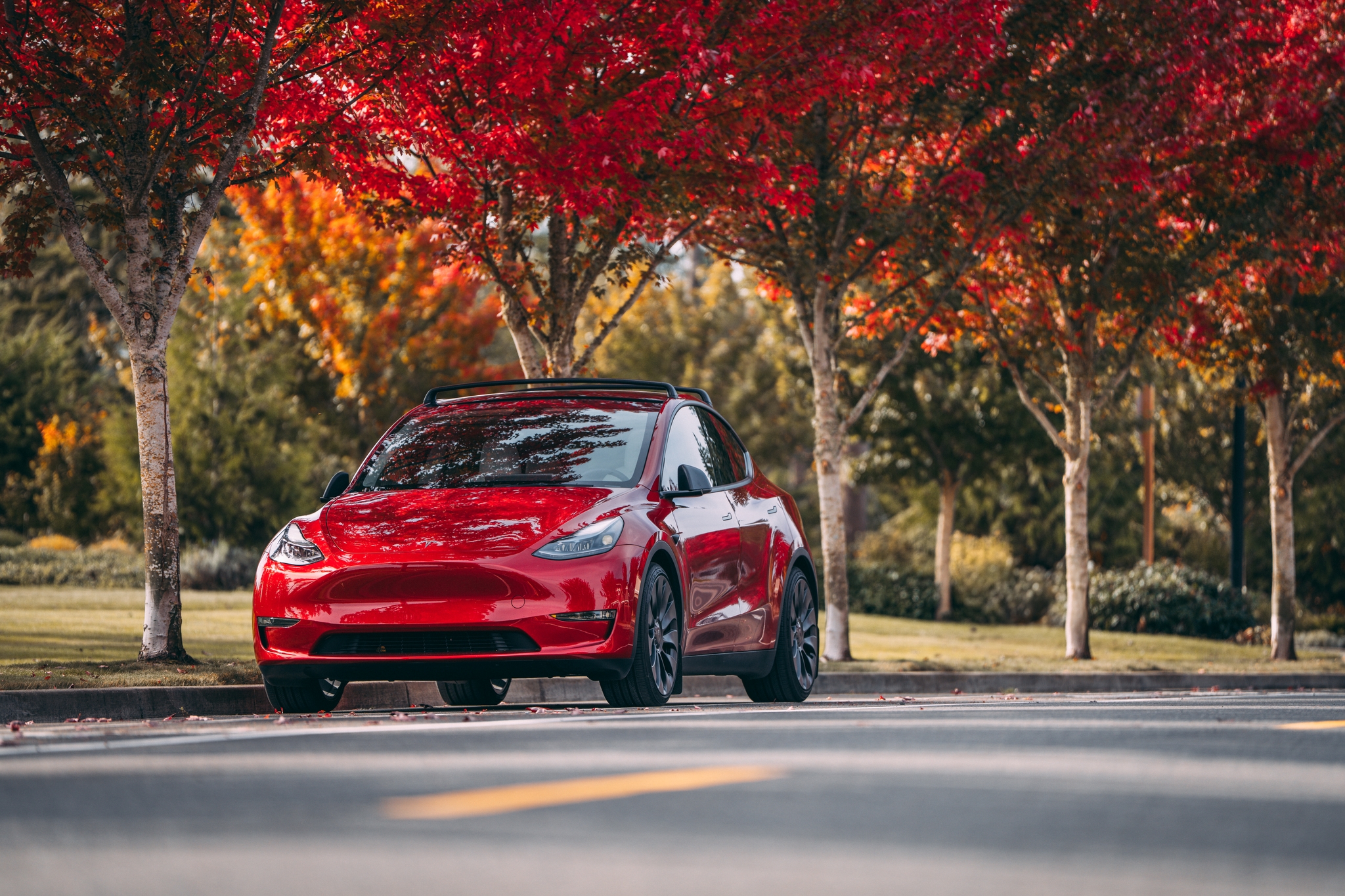 Red car parked under autumn-colored trees on a sunny day