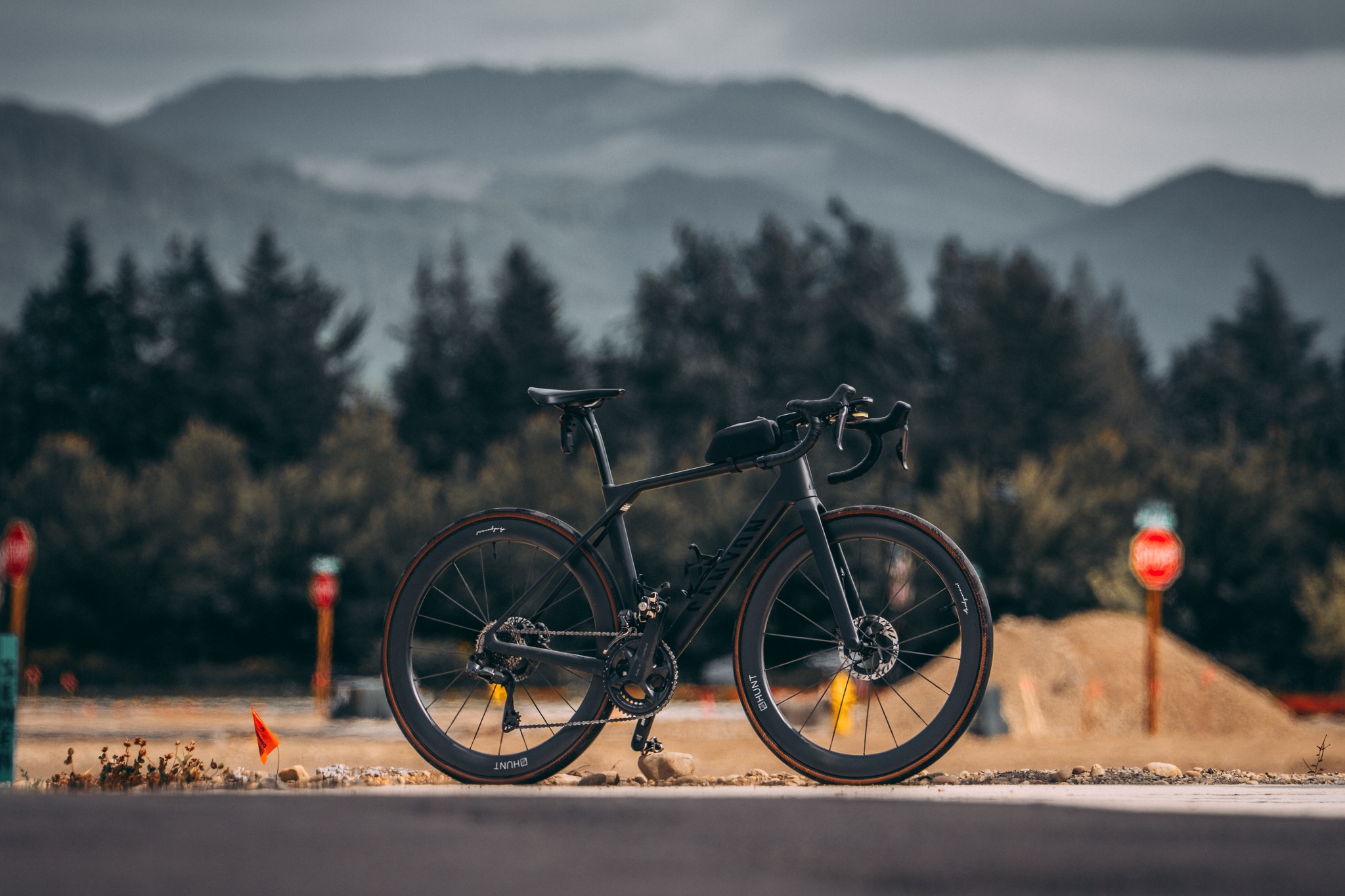 A bicycle is parked on a road with a backdrop of trees and mountains under a cloudy sky
