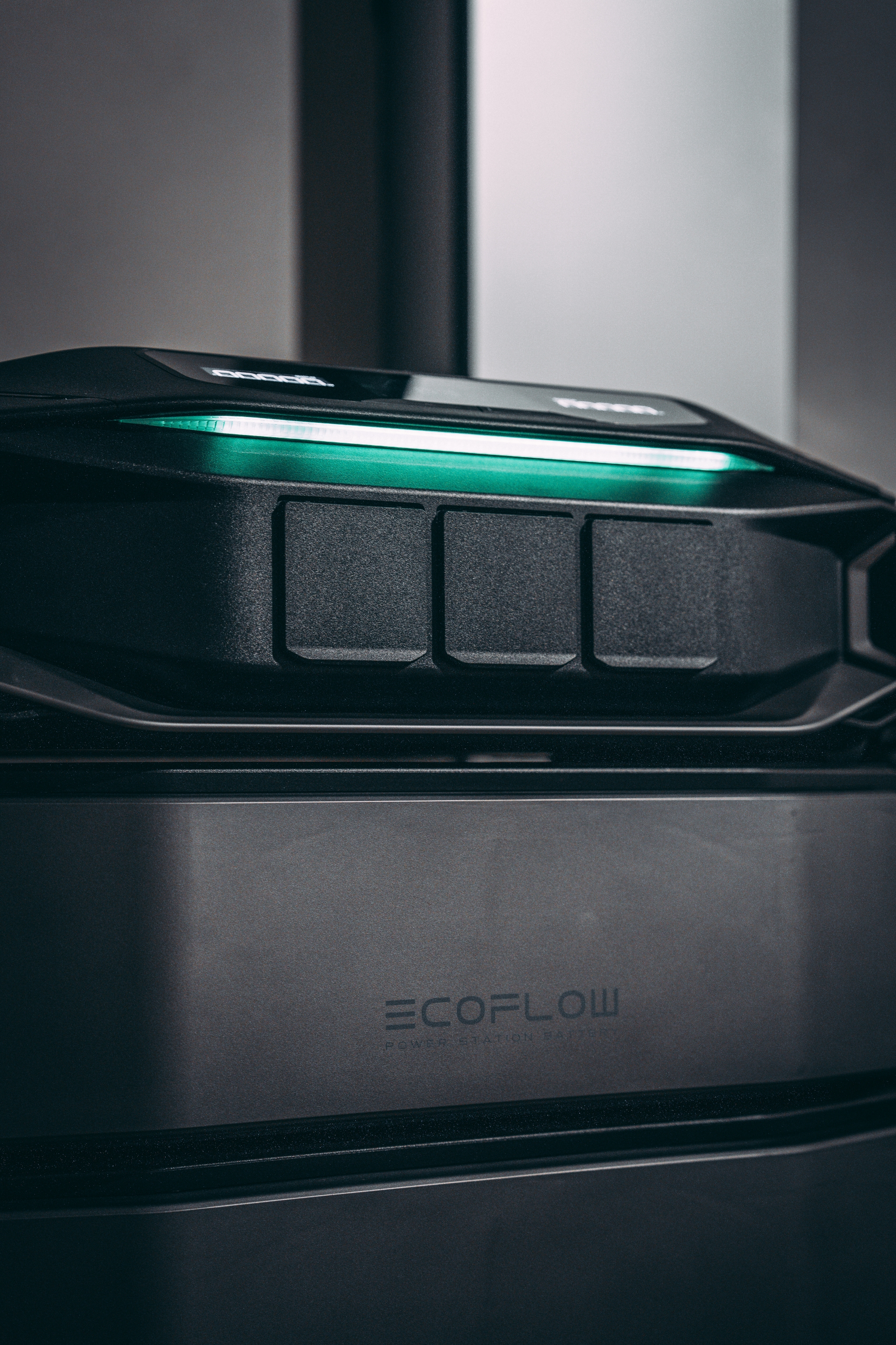 A sleek EcoFlow power station with illuminated interface