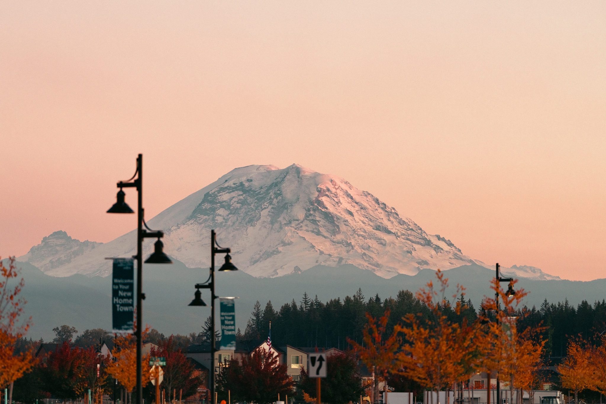 Mount Rainier towering behind street lamps and autumn foliage under a pink-hued sky