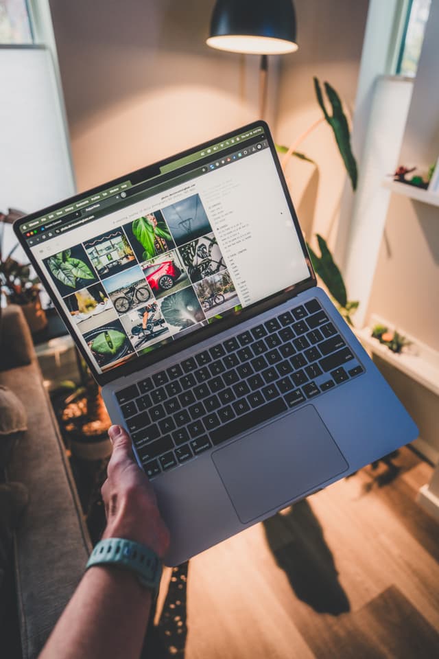 A person holding a laptop displaying a gallery of images, in a well-lit room with plants and a lamp in the background
