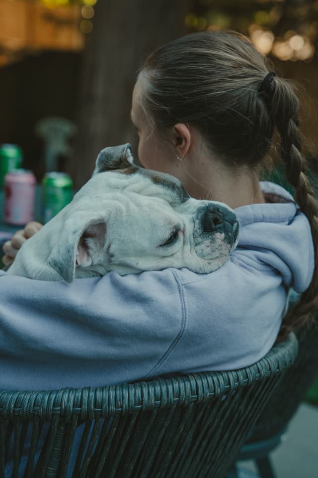 A person with a braided ponytail is sitting in a wicker chair, holding a white bulldog that rests its head on their shoulder Cans are visible in the background