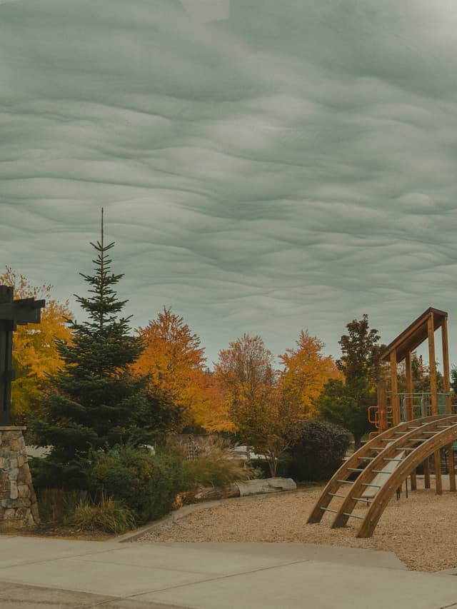 Curved playground structure under a sky with wavy clouds surrounded by autumn foliage