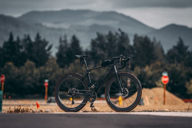 A bicycle is parked on a road with a backdrop of trees and mountains under a cloudy sky