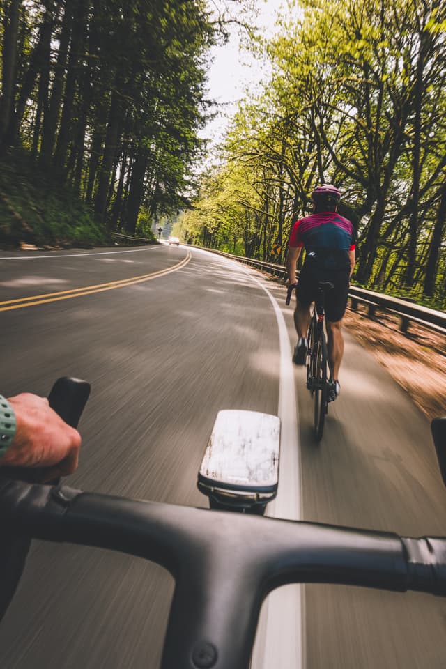Two cyclists riding on a winding road through a forested area, with one cyclist in the foreground and another ahead, surrounded by tall trees and dappled sunlight