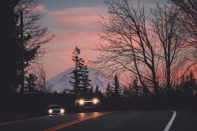 A scenic road at dusk with cars approaching, framed by silhouetted trees and a snow-capped mountain in the background under a pink and blue sky