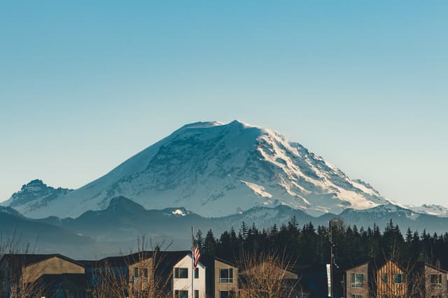 A snow-capped mountain under a clear blue sky with houses and trees in the foreground