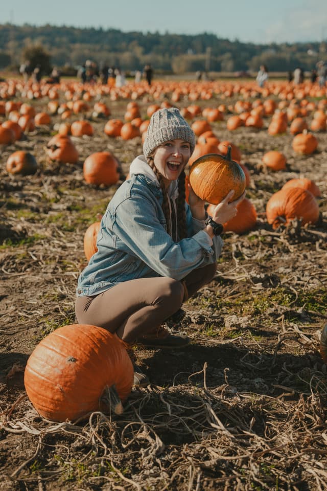 Person crouching in a pumpkin field, smiling and holding a pumpkin, surrounded by more pumpkins under a clear sky